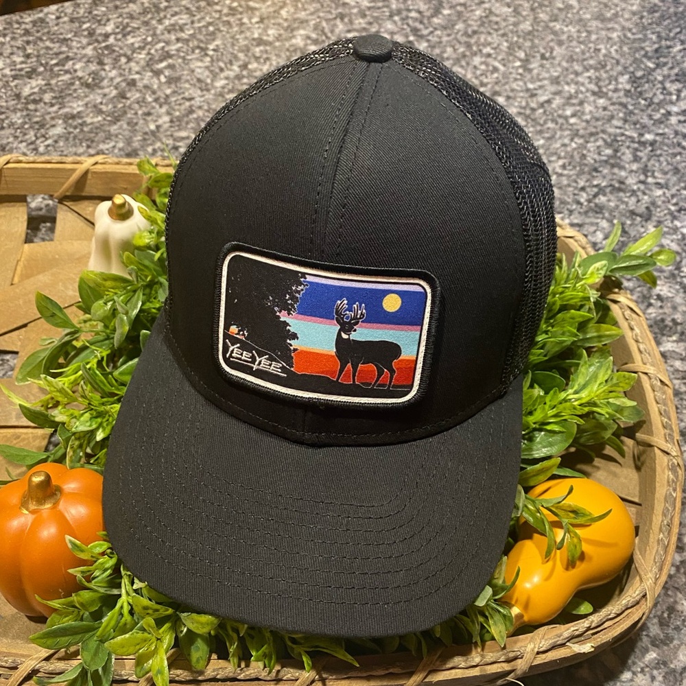 Yee Yee Mens Hat with deer and sunset. hunting hat snap back